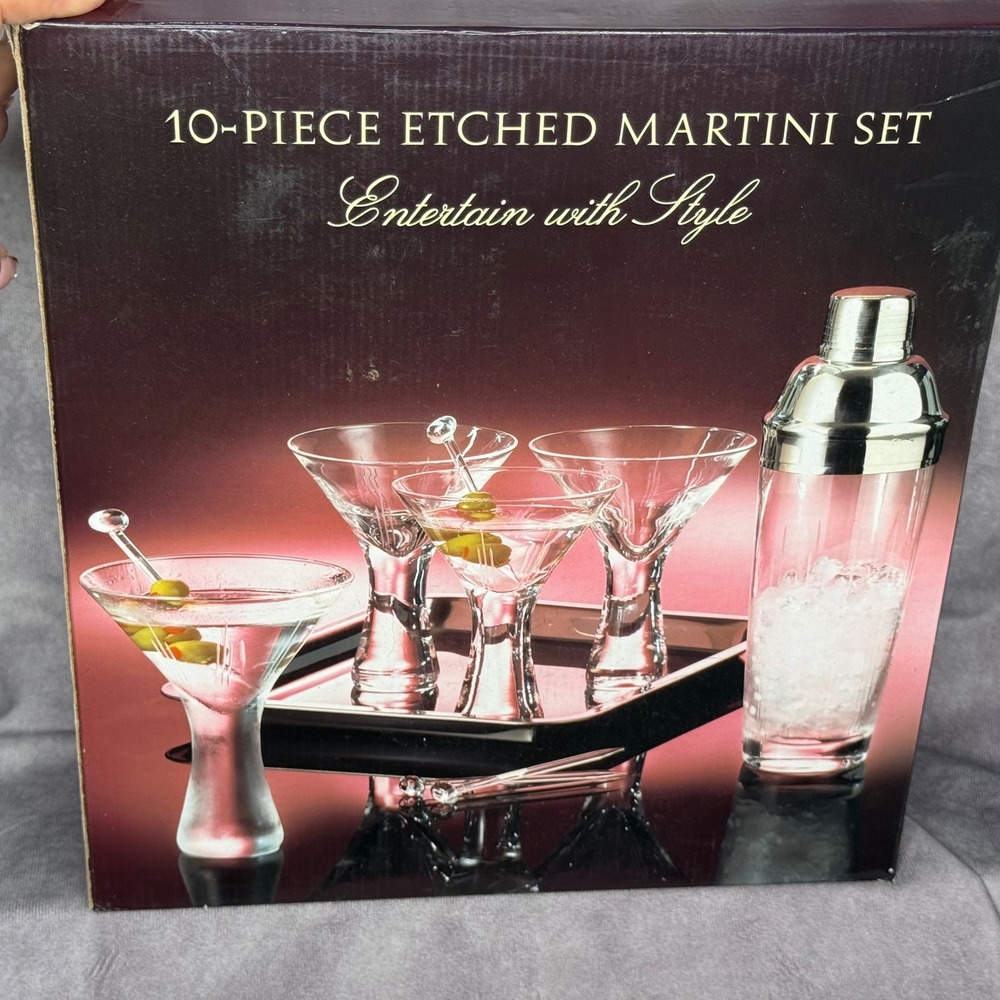 10-Piece Etched Martini Set Glass Shaker 4 Glasses Picks Stainless Tray NEW